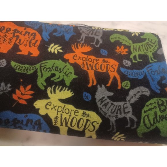 Fabric Remnant "Explore the Woods" Flannel Black with Multiple other Colors Anim - Picture 3 of 3